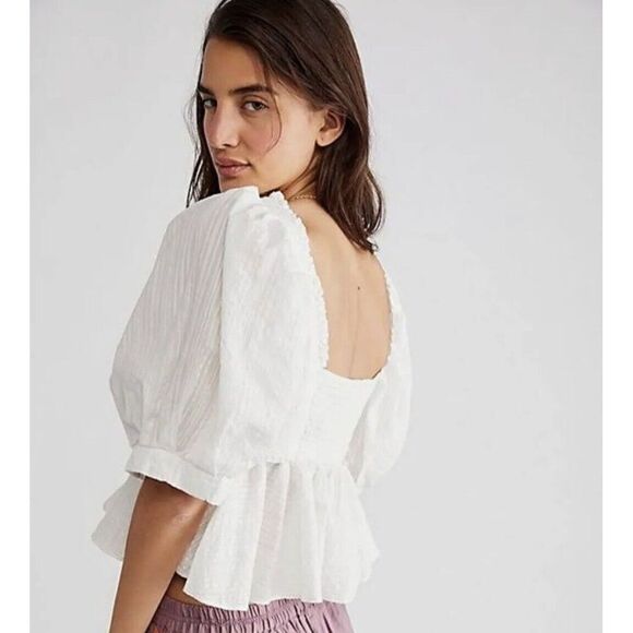 Free People Leave It To Me Babydoll Top Blouse Puff Sleeves in Ivory Size Small - Picture 3 of 10